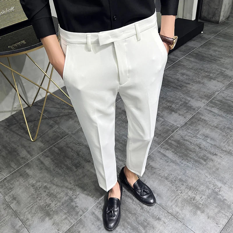 maoxiangshop 2024 Summer Fashion Mens Dark Green Suit Pants Pure Color Business Occupation Slim Fit Dress Office Ankle Trousers