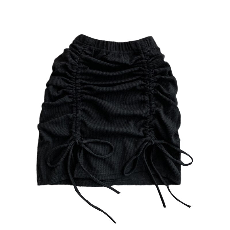 maoxiangshop Draw String Cotton Mini Skirt Girls Summer Elastic Waist Grey Black Split Folds Skirts Women Sexy Bottoms