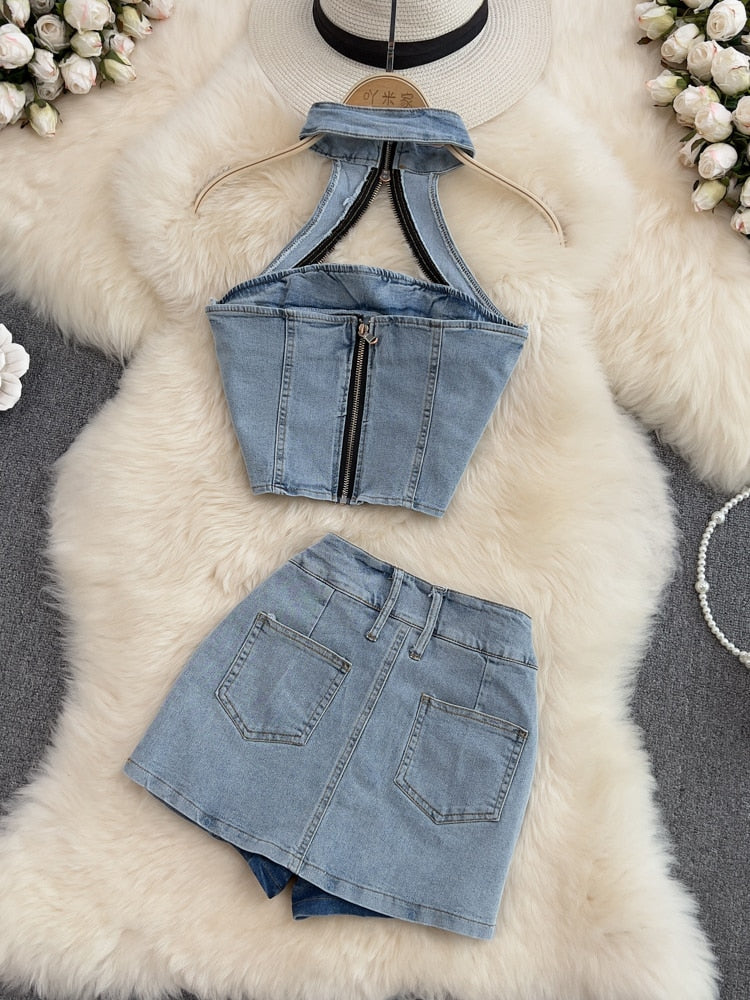 maoxiangshopWomen Halter Backless Sexy Denim Top Hig Waist Shorts New Two Piece Set Temperament Fashion Spring Summer