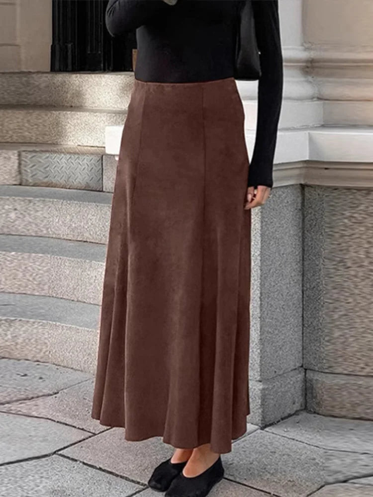 maoxiangshop - Elegant Suede Brown Women Skirts High Waist Pleated Slim Female Skirt 2024 Autumn Winter Zipper Office All Match Lady Party Wear