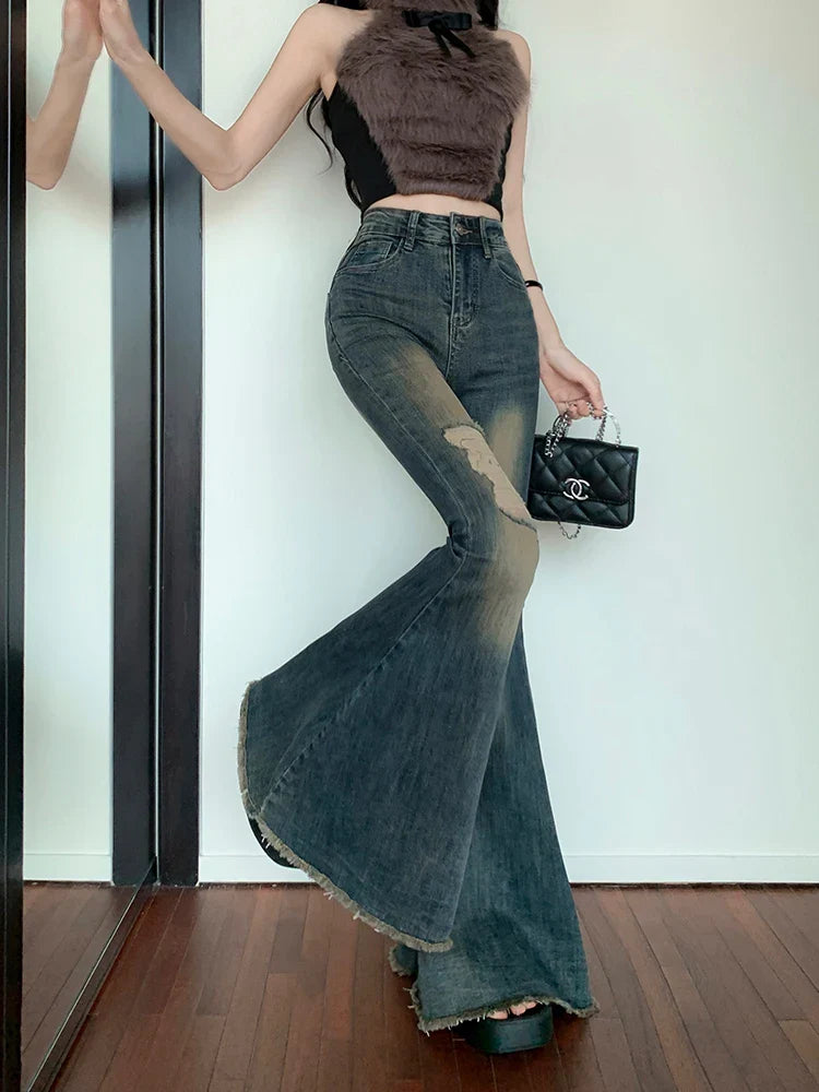 Korean Fashion Women Ripped Denim Pants Vintage Flare Jeans Harajuku Y2k Japanese Streetwear Grunge Trousers Kpop Grunge 2000s