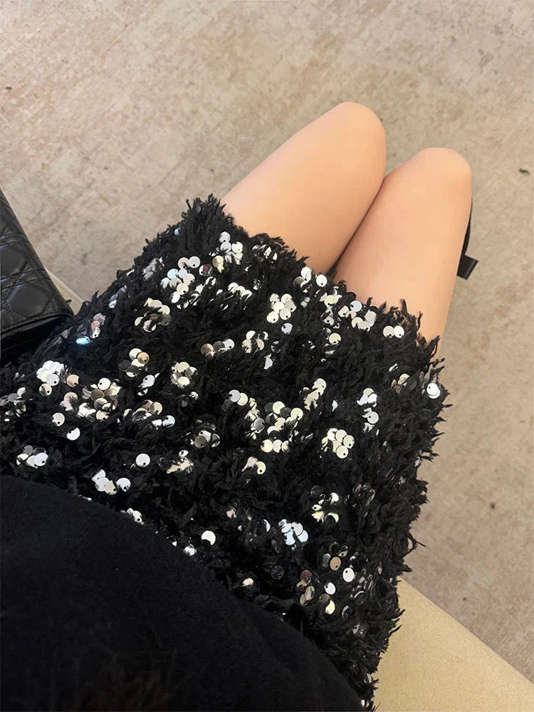 maoxiangshop - Women's Y2K Shiny Sequined Skirt Autumn Feather Casual Elastic Short Mini A-line Skirts For Club Streetwear