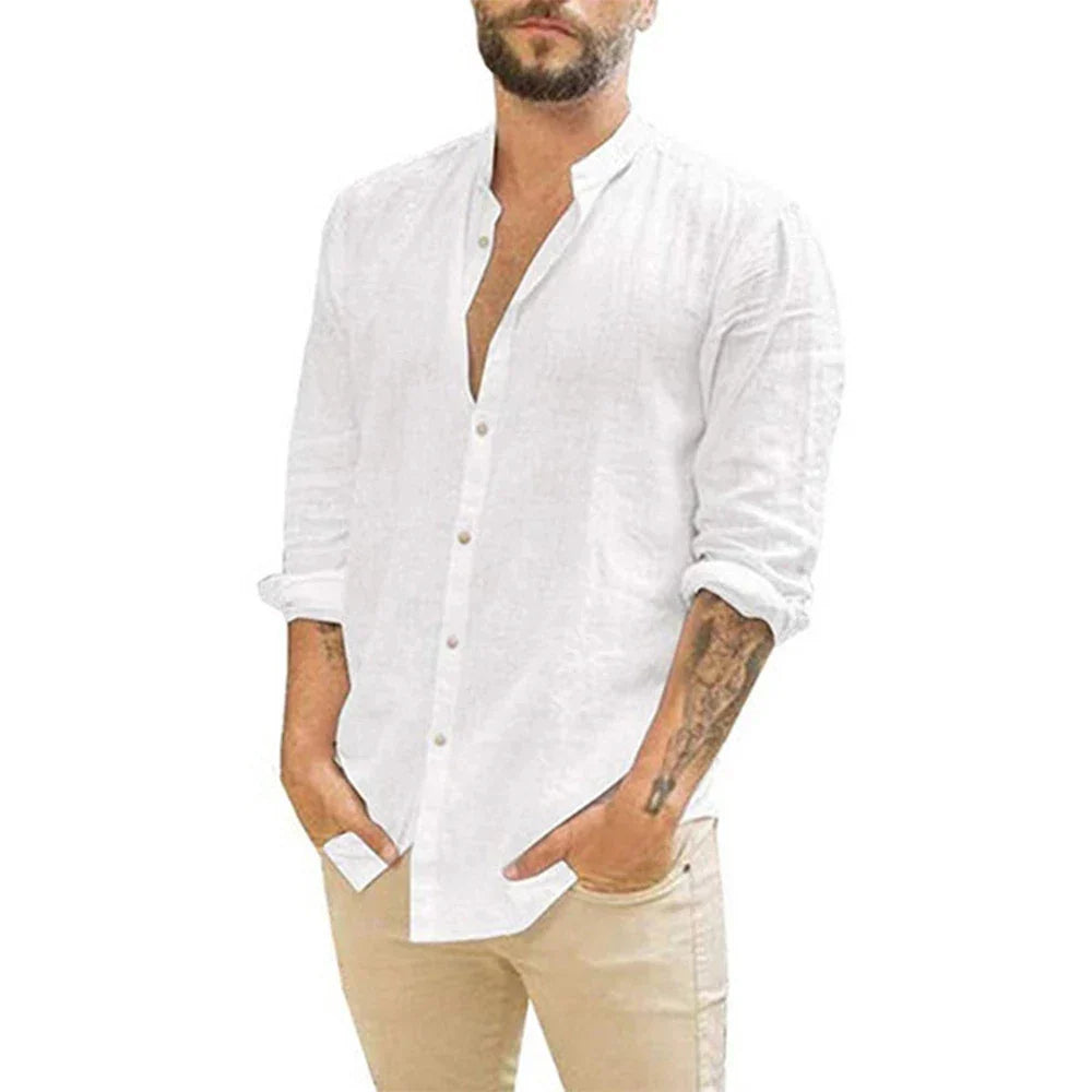 maoxiangshop Cotton Linen Hot Sale Men's Long-Sleeved Shirts Summer Solid Color Stand-Up Collar Casual Beach Style Plus Size