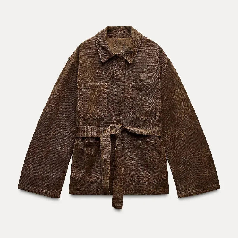 maoxiangshop - Leopard Jacket Women Lace up Lapel Autumn Coffee Print Women's Shirts Pockets Loose Casual Outerwears Female High Street Hipster