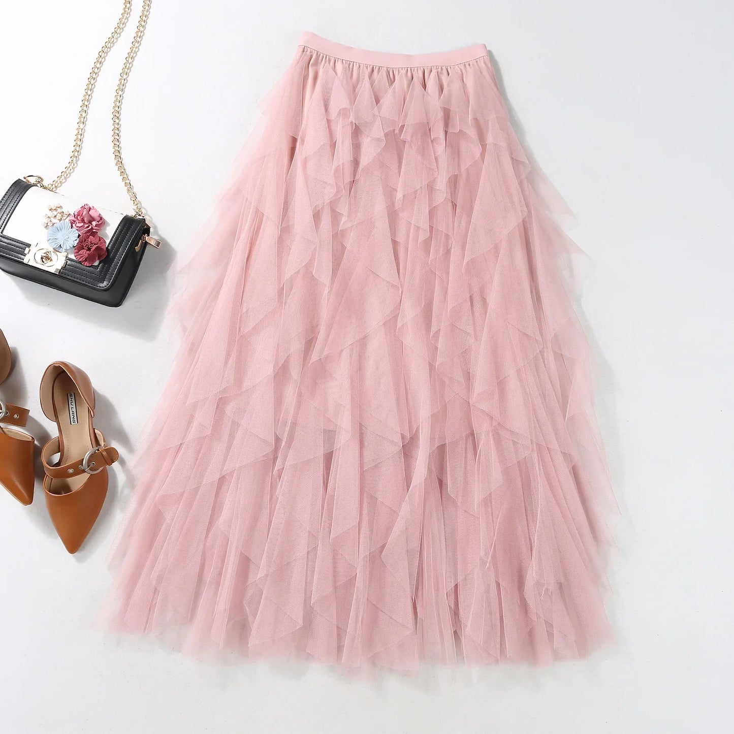 maoxiangshop Tutu Tulle Midi Skirt Women Elegant Fashion High Waist Irregular Pleated Mesh Long Skirt Spring Summer Party Female