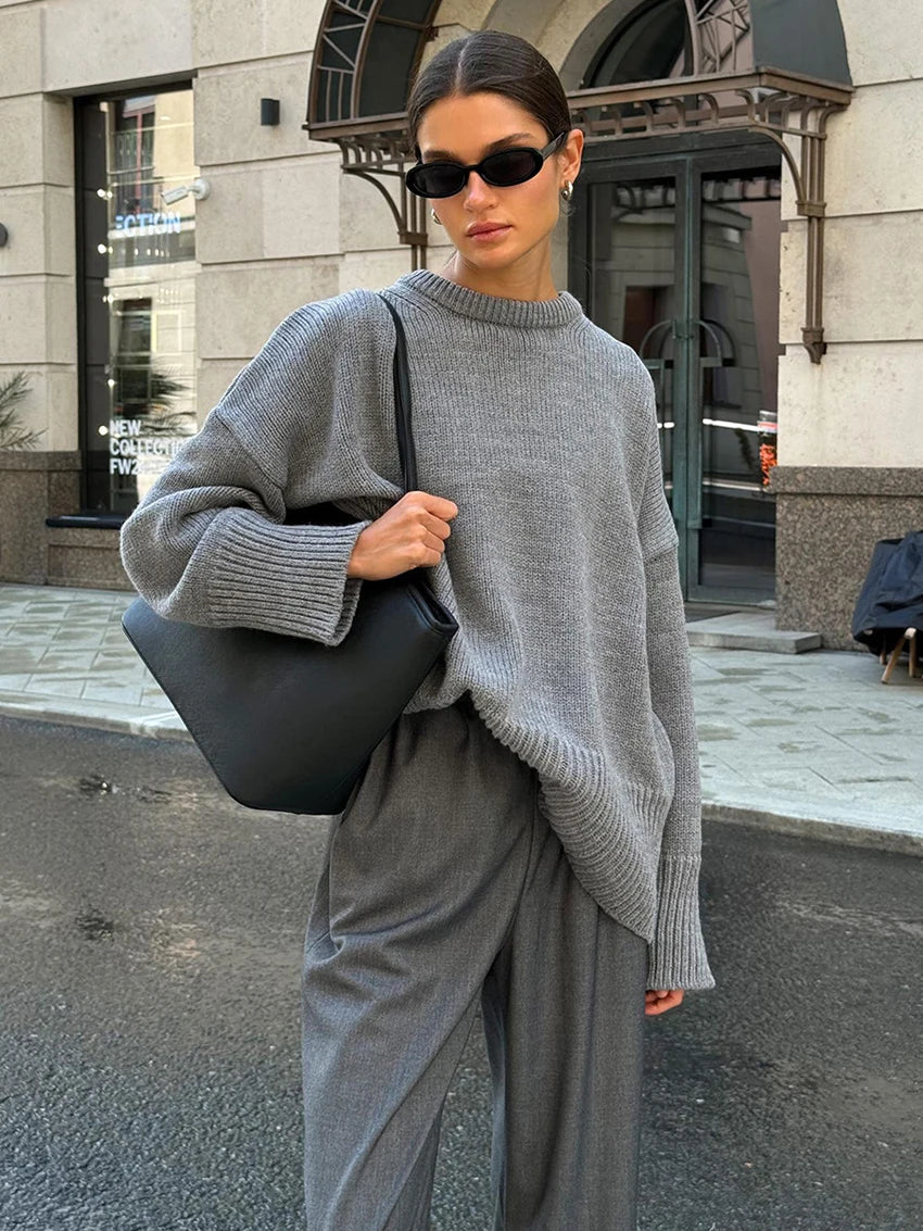 maoxiangshop - Gray Warm Knitted Sweater Women Long Sleeves Casual Round Neck Solid Pullover Tops Autumn Winter Office Lady Sweater