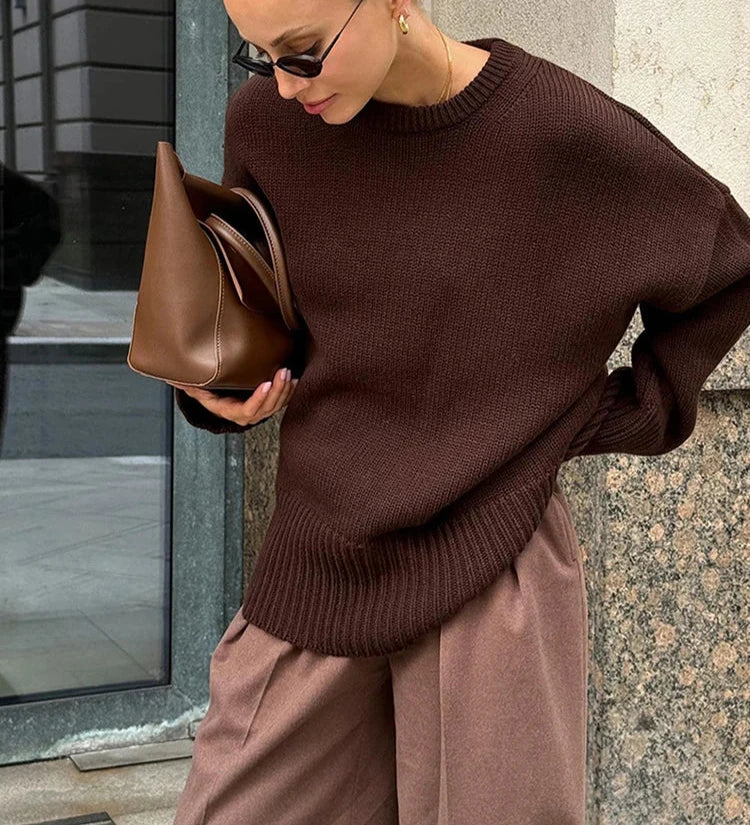 maoxiangshop - Gray Warm Knitted Sweater Women Long Sleeves Casual Round Neck Solid Pullover Tops Autumn Winter Office Lady Sweater