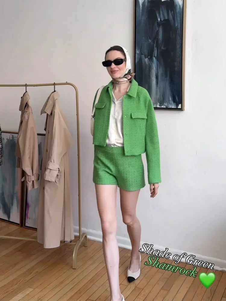 maoxiangshop - Chic Green Woollen Women's Coat Luxury Warm Lapel Collar Long Sleeves Jacket 2024 Autumn Female Office High Street Outercoat