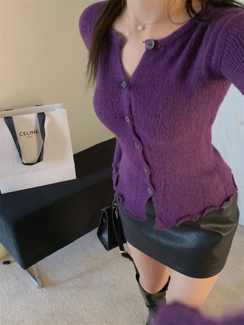 maoxiangshop Tight Button Cardigan Purple Knitted Sweater Women Winter New In Elegant Coat 2000s Clothes