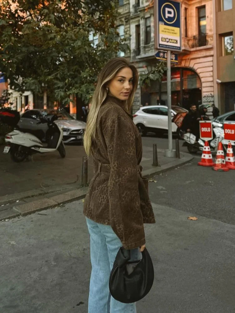 maoxiangshop - Leopard Jacket Women Lace up Lapel Autumn Coffee Print Women's Shirts Pockets Loose Casual Outerwears Female High Street Hipster