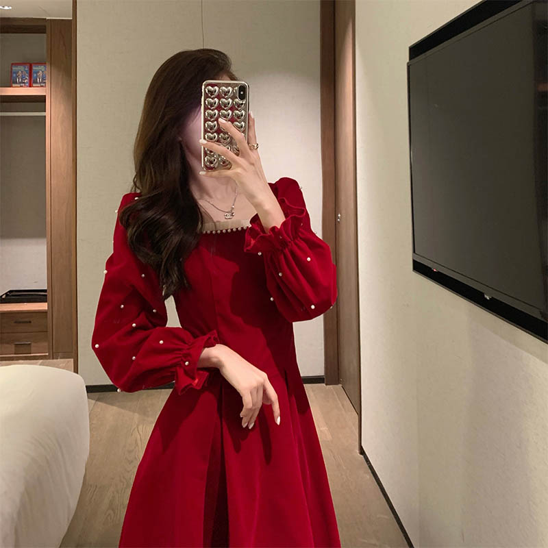 maoxiangshop Red France Vintage Dresses Women Winter Elegant Evening Party Midi Dresses New Year Casual Designer Korean One-Piece Dress Christmas