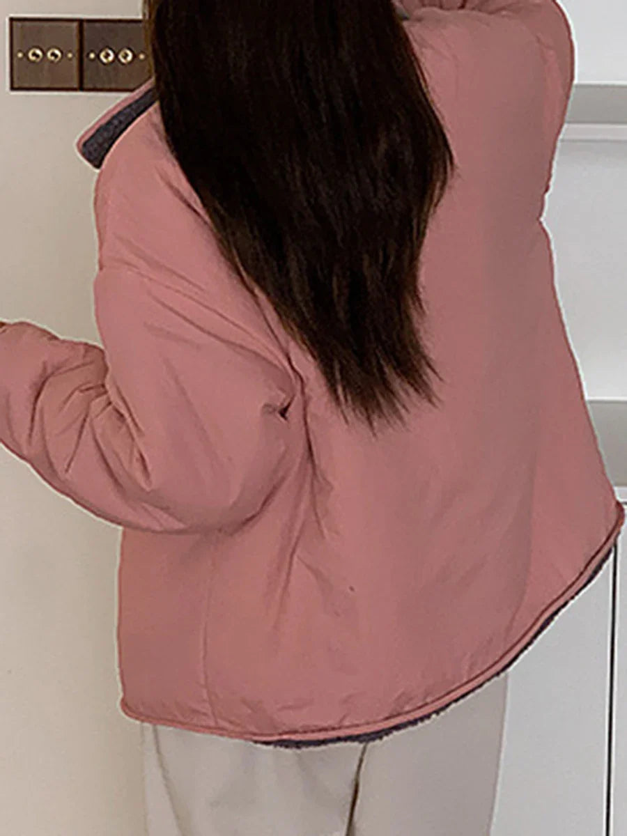 maoxiangshop - Patchwork Reversible Warm Jacket Women Single Breasted Long Sleeve Outerwear 2024 Autumn New Korean Fashion Casual Chic Coats