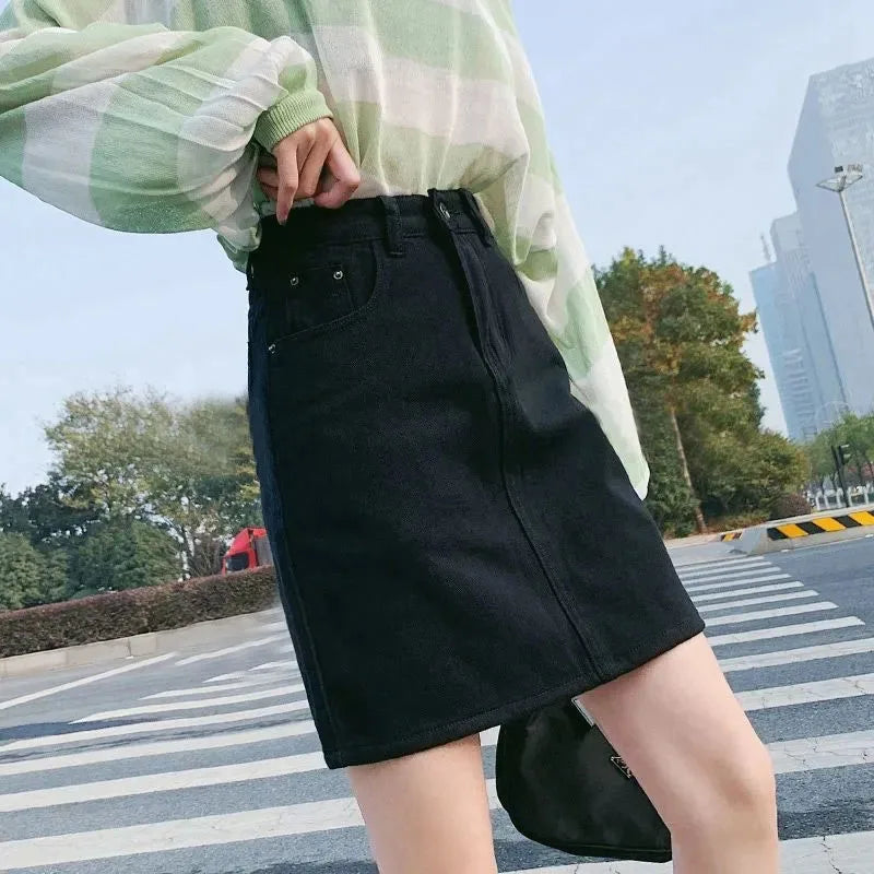 Lucyever Korean Women's Denim Skirt 2023 Summer High Waist A Line Mini Skirt Female Casual Pocket Solid Simple Jeans Skirt