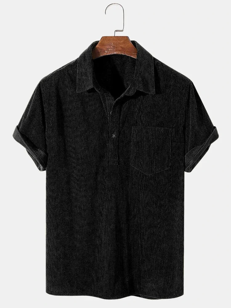maoxiangshop New 2024 Men's Summer Corduroy Short Sleeve Shirt Fashion Casual Streetwear Solid Lapel Loose Pullover Retro Simple Tops for Men