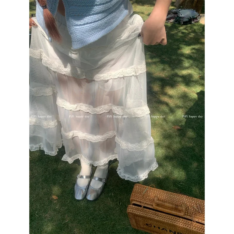 maoxiangshop Maxi Long Tulle White Mesh Skirts for Women Gothic Pleated Skirt Casual Fairycore Summer Jupe Longue Falda Mujer