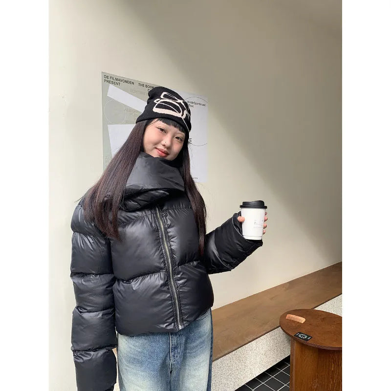 maoxiangshop - American High Street Stand Collar Thicken Warm Cotton-Padded Coat Women Winter New Solid Pop Simple Design Sense Short Coat