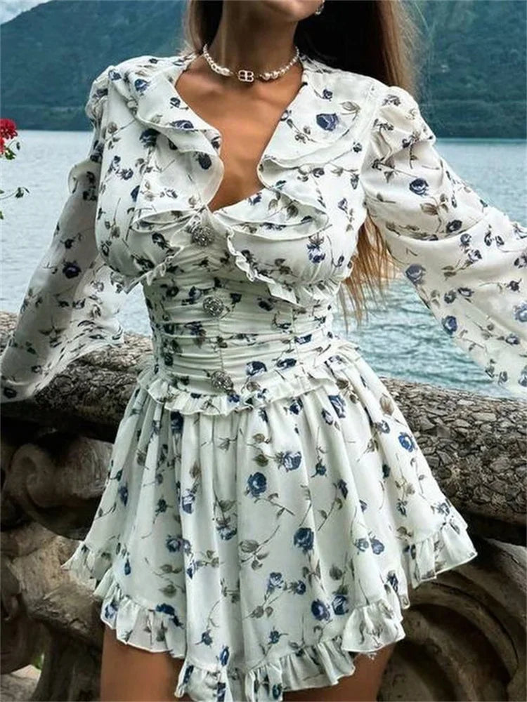 maoxiangshop - Ruffled V-Neck Printed Mini Dress Female Bandage Autumn Fashion Lace-Up Contrast Drawstring Dress For Women Party Dress