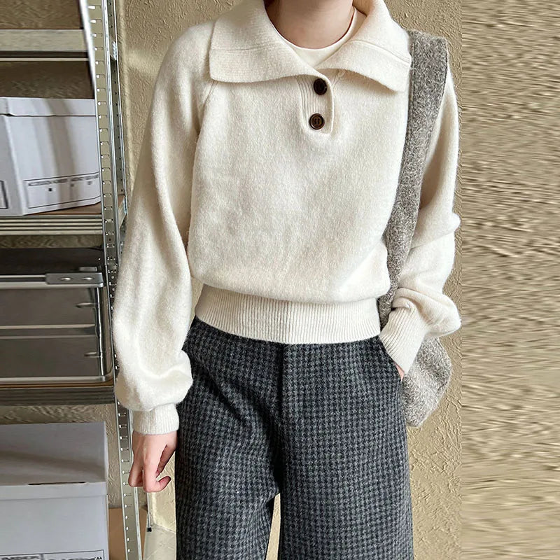 maoxiangshop - Casual Solid Knitted Lapel Sweaters Women Vintage Loose Button Long Sleeve Pullover Sweater Female Autumn Elegant Chic Base Tops