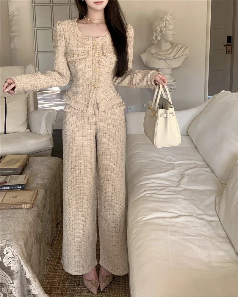 New Luxury Designer Wool Pants Suits Two Piece Sets Outfits Women Elegant Tweed Slim Long Trousers Short Coat Tops Lady Clothes