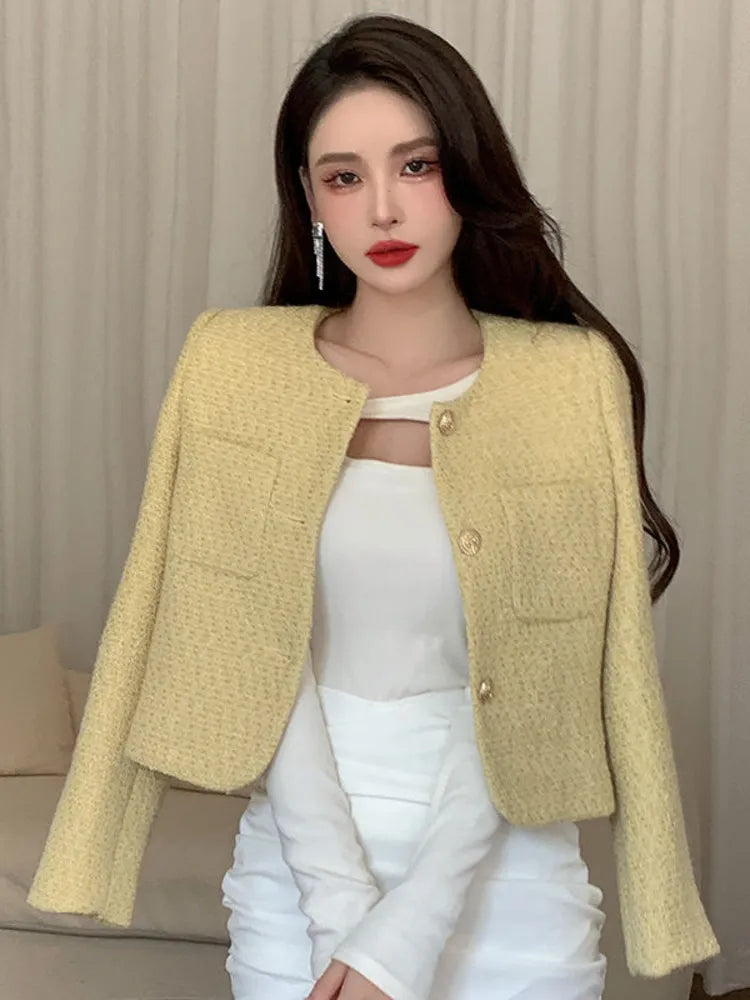 French Chic Small Fragrance Coat Women Autumn Winter Korean Fashion Casual Slim Tweed Jacket Female Woolen Short Outerwear Top