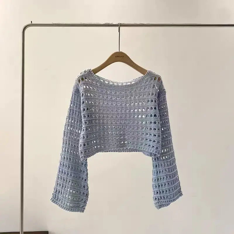 maoxiangshop Long Sleeve Crochet Knit Top Summer Beach Bikini Cover Up Crop Pullover Wool Knitwear Blouse Women Vacation Boho Outfit