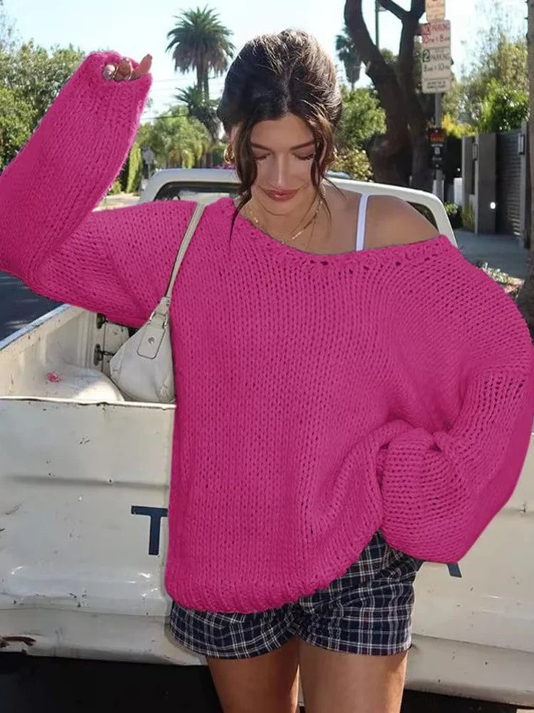 maoxiangshop - Loose Big V Neck knitted Sweater For Women Casual Solid Color Pullovers Top Long Sleeve Hollow Top Autumn Winter New 2024