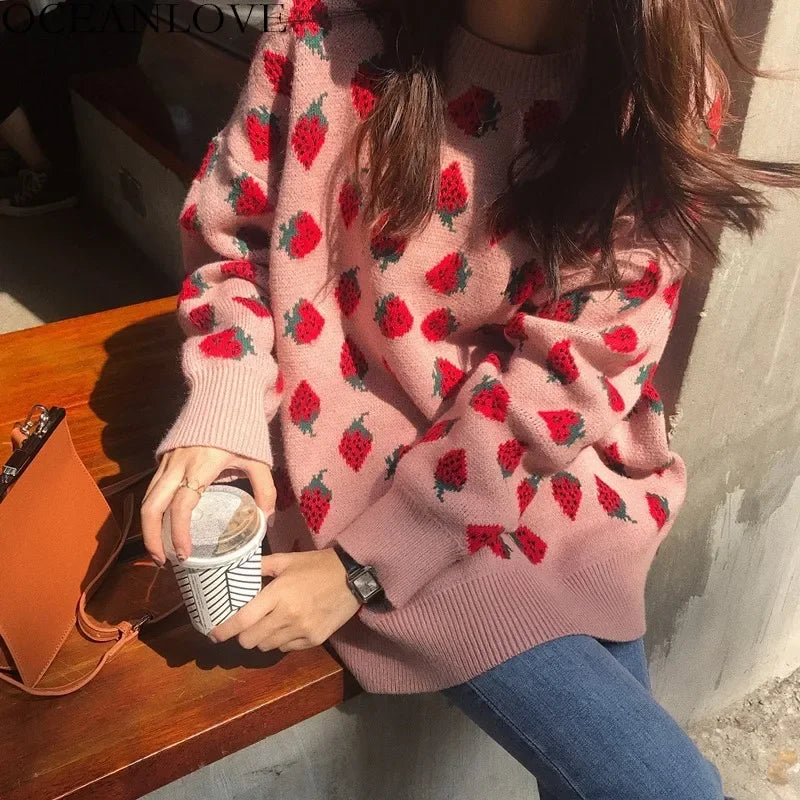 maoxiangshop - Sweet Women Sweaters Strawberries Print Long Pullovers Tops Autumn Winter Loose Sueter Mujer Girls Knitwear
