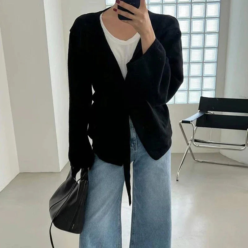 maoxiangshop - Elegant Knitted Cardigan With Belt Women Casual V-neck Long Sleeve Loose Sweater 2024 Autumn New Office Lady Lazy Tops Knitwear