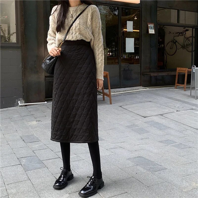 maoxiangshop Black Quilted Skirt Winter Women Pull-on Long Padded Skirt with Pocket Classic Warm Outfit