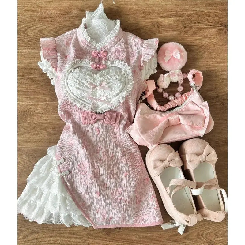 maoxiangshop - Sweet and Cute Girl Retro Chinese Style Printed Design Improved Cheongsam Dress Slim Mini Dress COS Apron Set Women Clothing