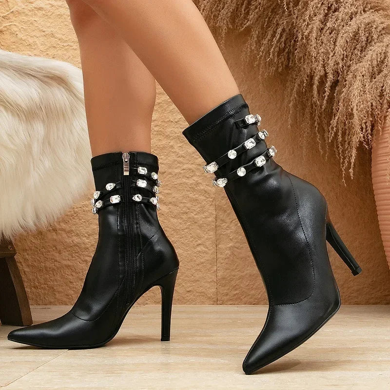 maoxiangshop - Fashion Crystal Diamond Ankle Boots Women Spring Winter Sexy Pointed Toe Thin High Heels Zip Soft Leather Chelsea Botas Mujer