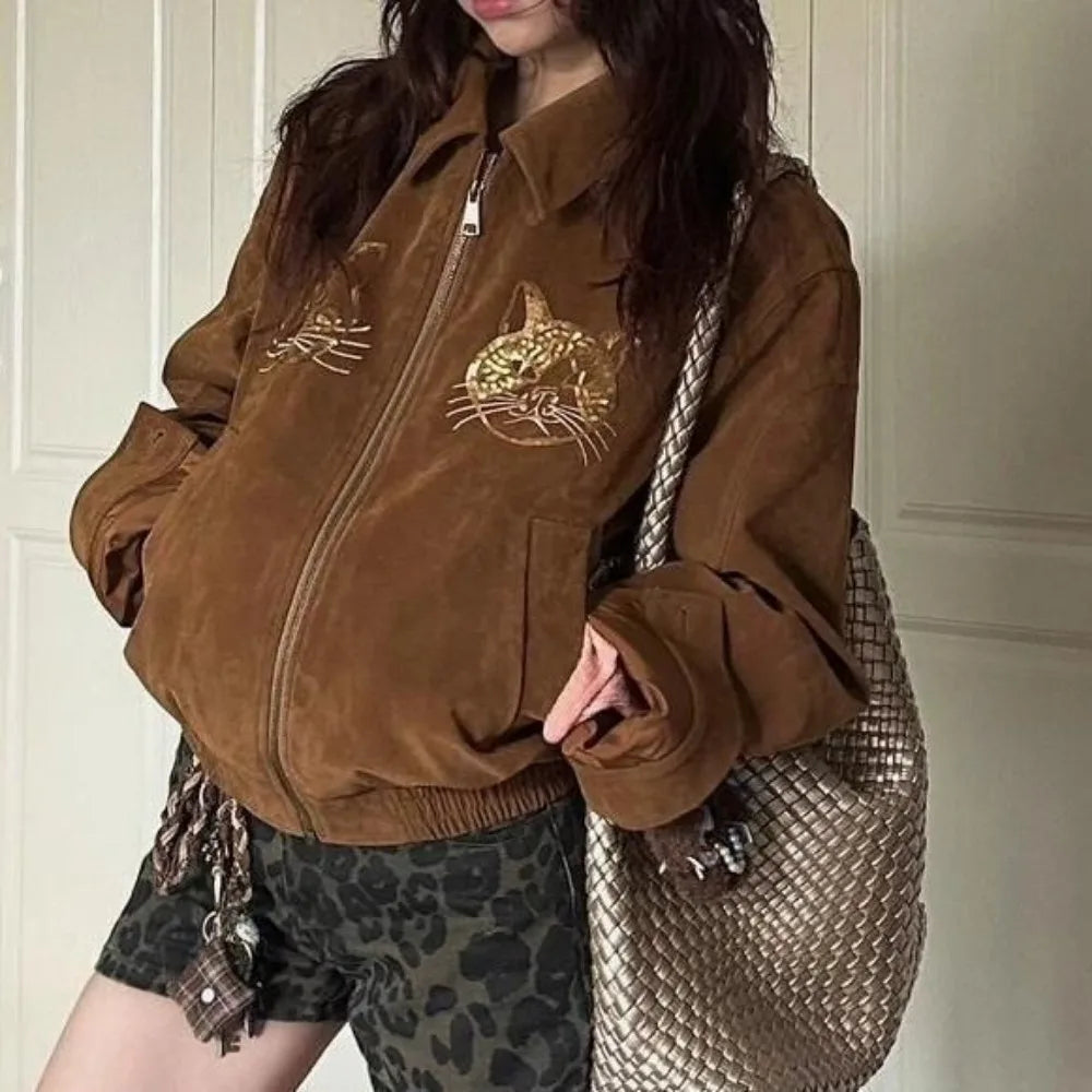 maoxiangshop - cute winter outfits Cat Embroidery Brown Heavy Embossed Suede 2024 Jacket Women Autumn Winter Vintage Long Sleeve Leather Coat Fashion Eco Top