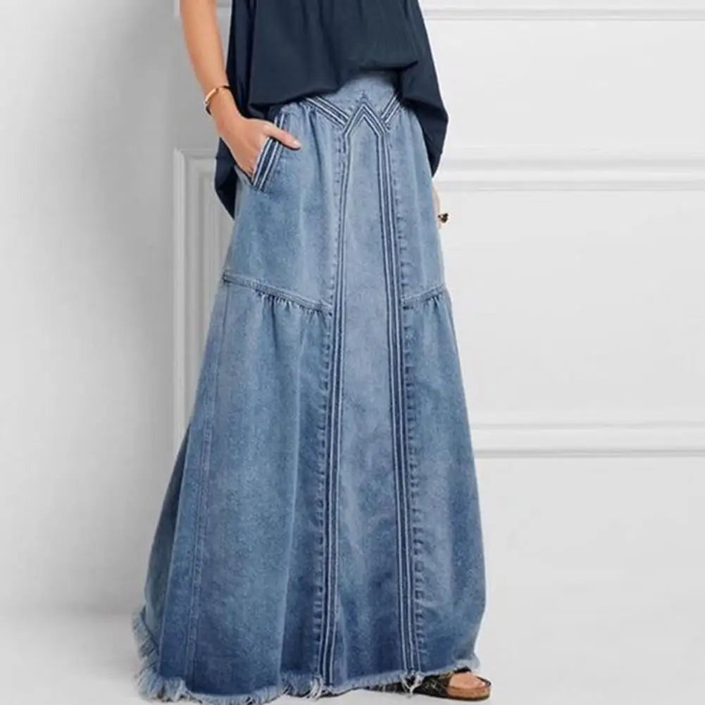 maoxiangshop Oversize Fashion Street Skirt Summer A Line Denim Skirt Women Autumn Sun Skirt Casual Solid High Waist Women's Long Skirt