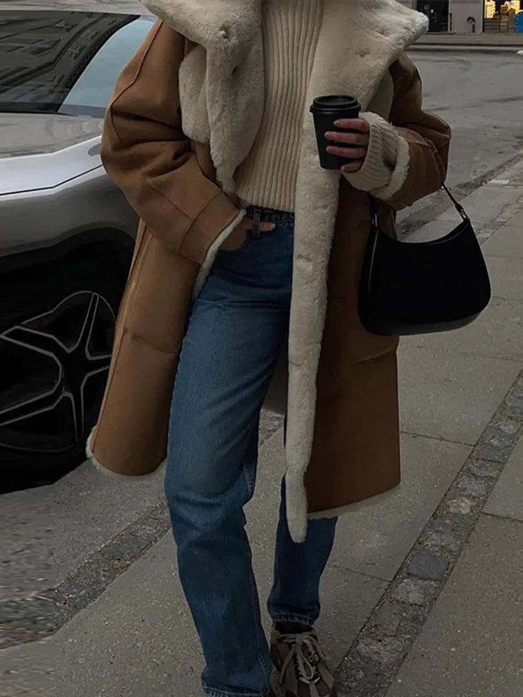 maoxiangshop - Fur Lined And Suede Integrated Long Coat Women Turn-down Collar Loose Pocket Trendy Single Breasted Outwear 2024 Winter Chic Top