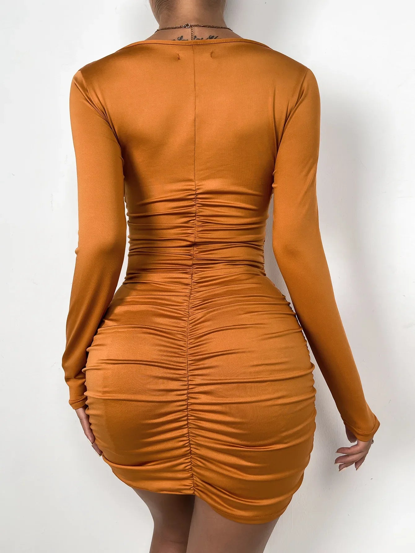 maoxiangshop Long Sleeve Deep V Neck Hollow Out Dress Women Party Bodycon Pleated Ruched Mini Dresses Soild Color