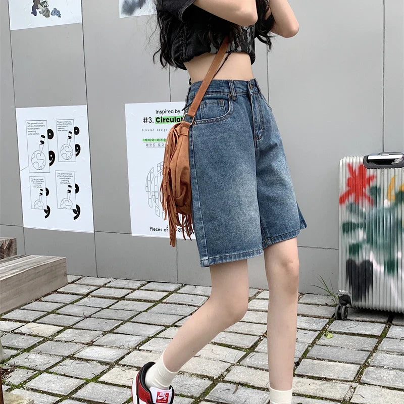 maoxiangshop Y2k Baggy Shorts Pants Women Summer Vintage Blue Wide Leg Denim Short Korean Fashion Casual Female Knee Length Jeans Mujer