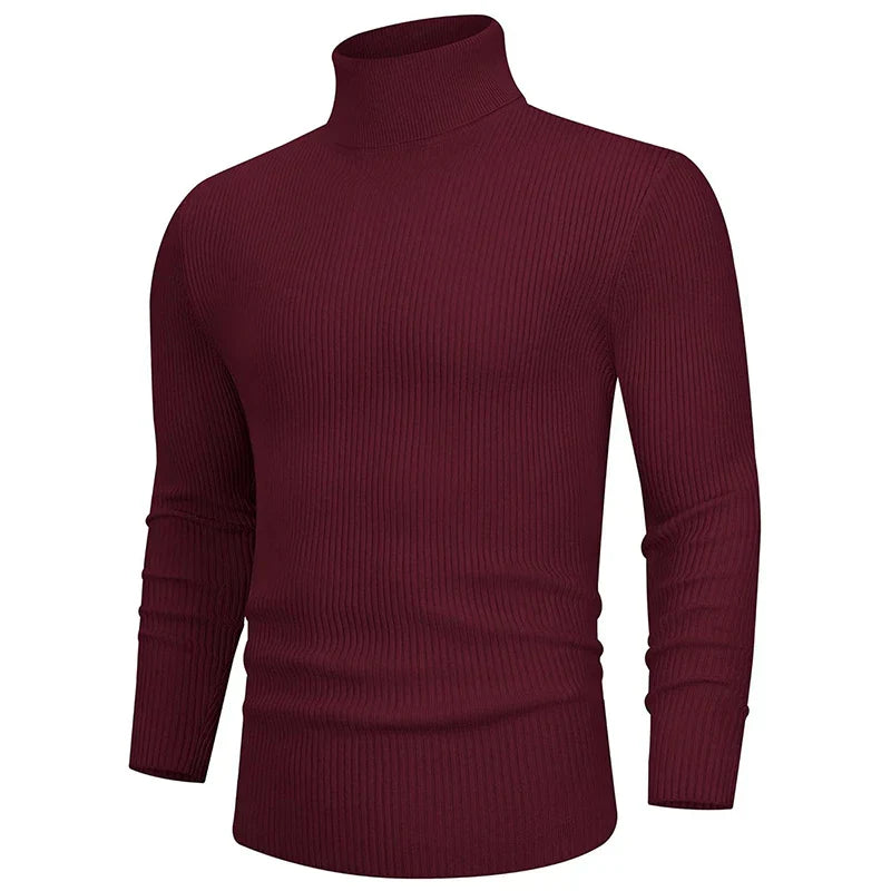 maoxiangshop New Fall Long Sleeved Turtleneck Sweaters Men's Casual Breathable Top Solid Color Elastic Slim Autumn Warm Stripe Streetwear