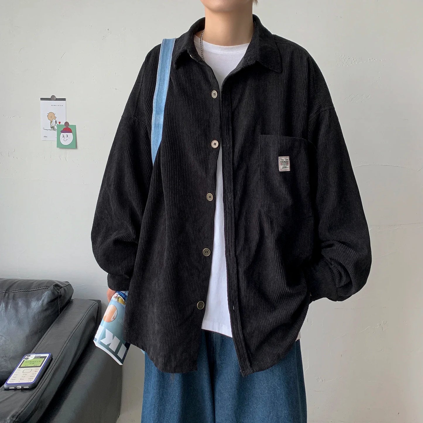 maoxiangshop Men Corduroy Shirts Harajuku Korean Loose Style Long Sleeve Vintage Streetwear Overshirt M-3XL