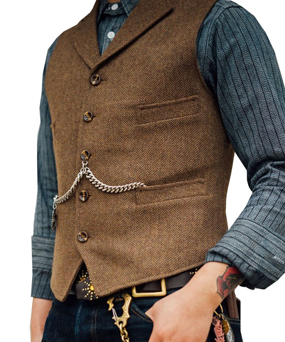 maoxiangshop Men's Suit Vest Brown Wool Tweed Business Waistcoat Jacket Casual Slim Fit Gilet Homme Vests For Groosmen Man Wedding