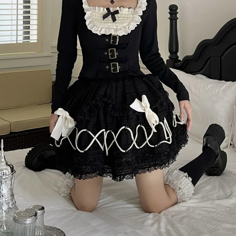 maoxiangshop - Gothic Lolita Skirt Women Japanese Harajuku Fashion High Waist A-line Bow Lace Patchwork Vintage Black Cake Skirt