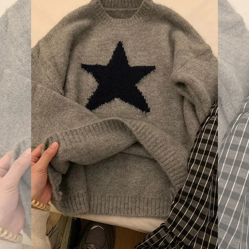 maoxiangshop - Autumn/Winter New Retro Casual Two Piece Set Women Outfits Simple Grey Round Neck Knitted Sweater+Plaid Skirt Maxi Skirt Set