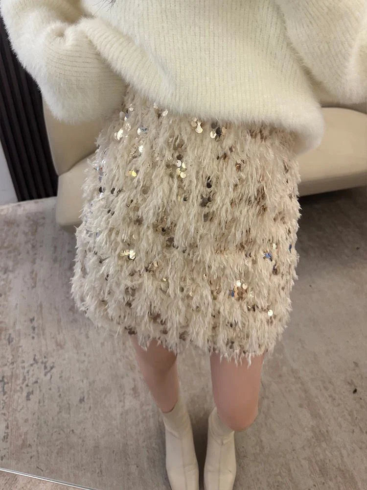maoxiangshop - Women's Y2K Shiny Sequined Skirt Autumn Feather Casual Elastic Short Mini A-line Skirts For Club Streetwear