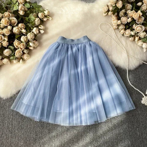 maoxiangshop Sweet Women Mini Skirt Mesh Solid Tierred Ruffles Elastic Waist Women's Clothing Almighty A-line Tulle Skirts Summer