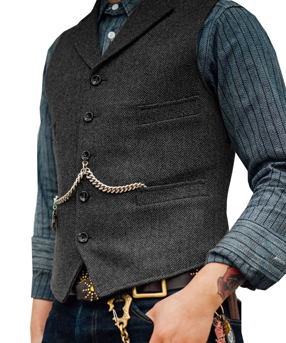 maoxiangshop Men's Suit Vest Brown Wool Tweed Business Waistcoat Jacket Casual Slim Fit Gilet Homme Vests For Groosmen Man Wedding