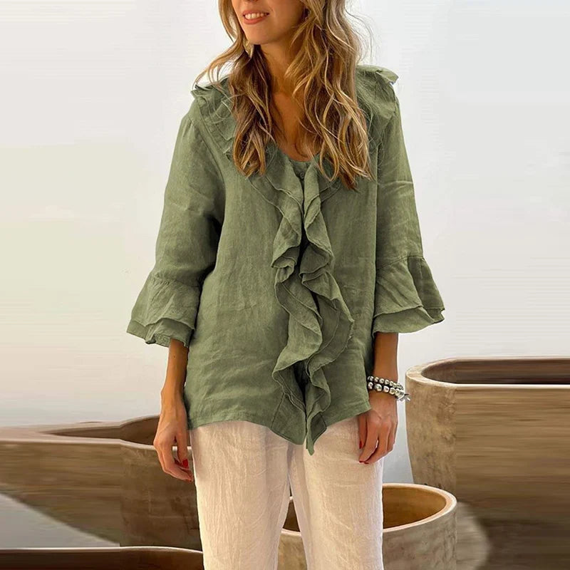 maoxiangshop - Autumn Casual Loose 3/4 Flying Sleeved Blouse Retro Solid Single Breasted Office Clothing Elegant V Neck Ruffles Women Pullover