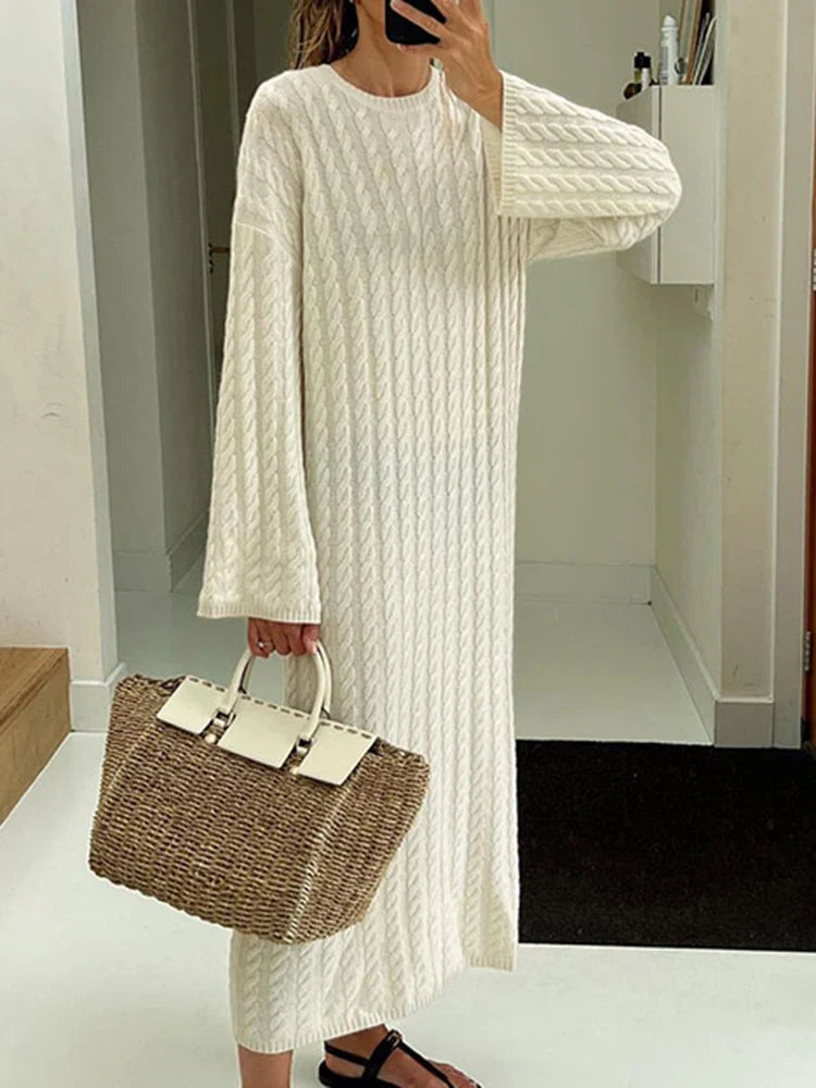 maoxiangshop Autumn Winter Knitted Dress Women Fashion Solid Color Ribbed Sweater Dress Female Elegant Casual Loose Long Sleeve Long Dresses