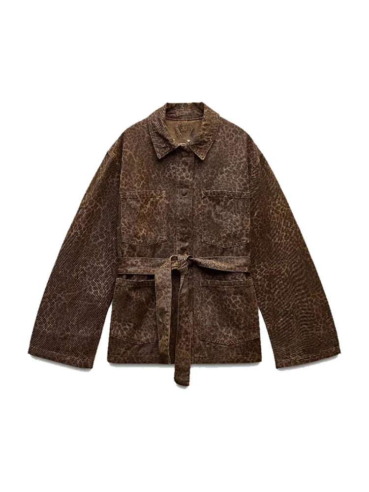 maoxiangshop - Leopard Jacket Women Lace up Lapel Autumn Coffee Print Women's Shirts Pockets Loose Casual Outerwears Female High Street Hipster
