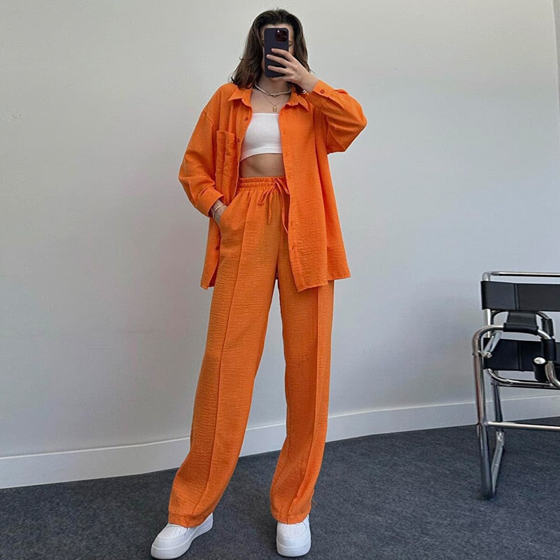 maoxiangshop New Womans Suit Autumn Sleepwear Two-piece Women's Homewear Long Sleeve Cropped Button Shirt + Wide Leg Pants Suit Ladies