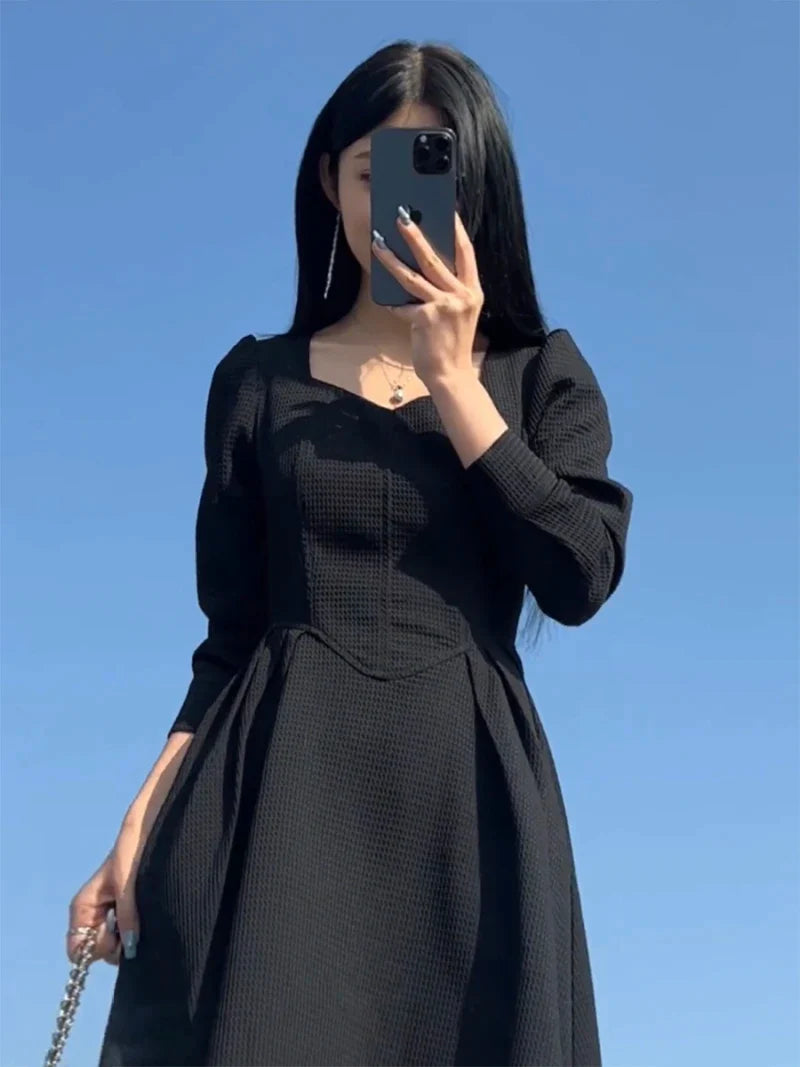 maoxiangshop Vintage Black Midi Dresses for Women Spring Autumn Square Neck Long Sleeve Elegant Party Red Female Clothing Korean Fashion