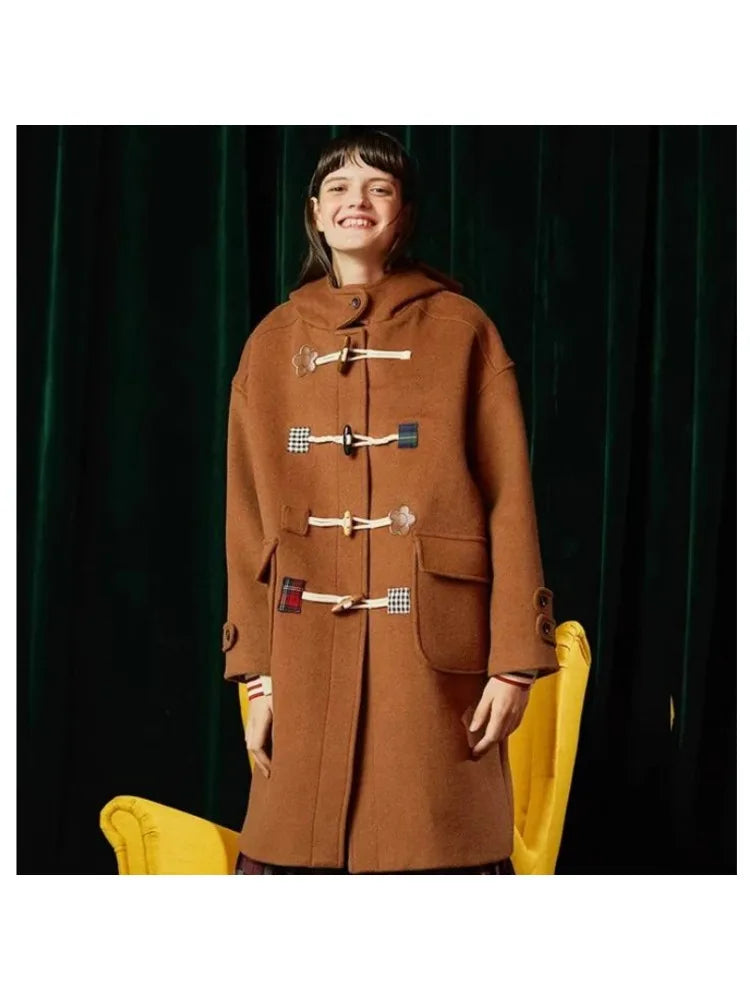 Solid Horn Button Long Straight Hooded Wool Coats Women Winter Sleeve Korean Casual Ladies Warmness Vintage Outwear